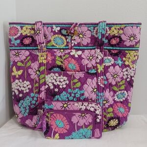 Vera Bradley large tote purple floral shoulder bag  medium wallet